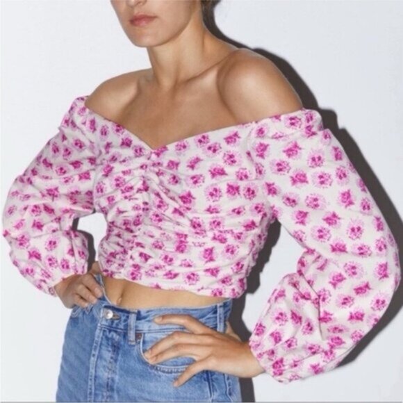 Zara Floral Pink Cream Ruched Women's XL Top On/Off Shoulder Zip Long Sleeve - Picture 9 of 10